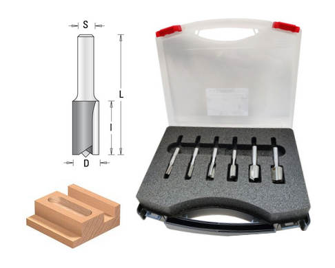 Guhdo HW-Nutfräser-Satz (kurze Ausführung) 6-teilig in Kunststoffbox Schaft 8 mm, „Profiqualität“